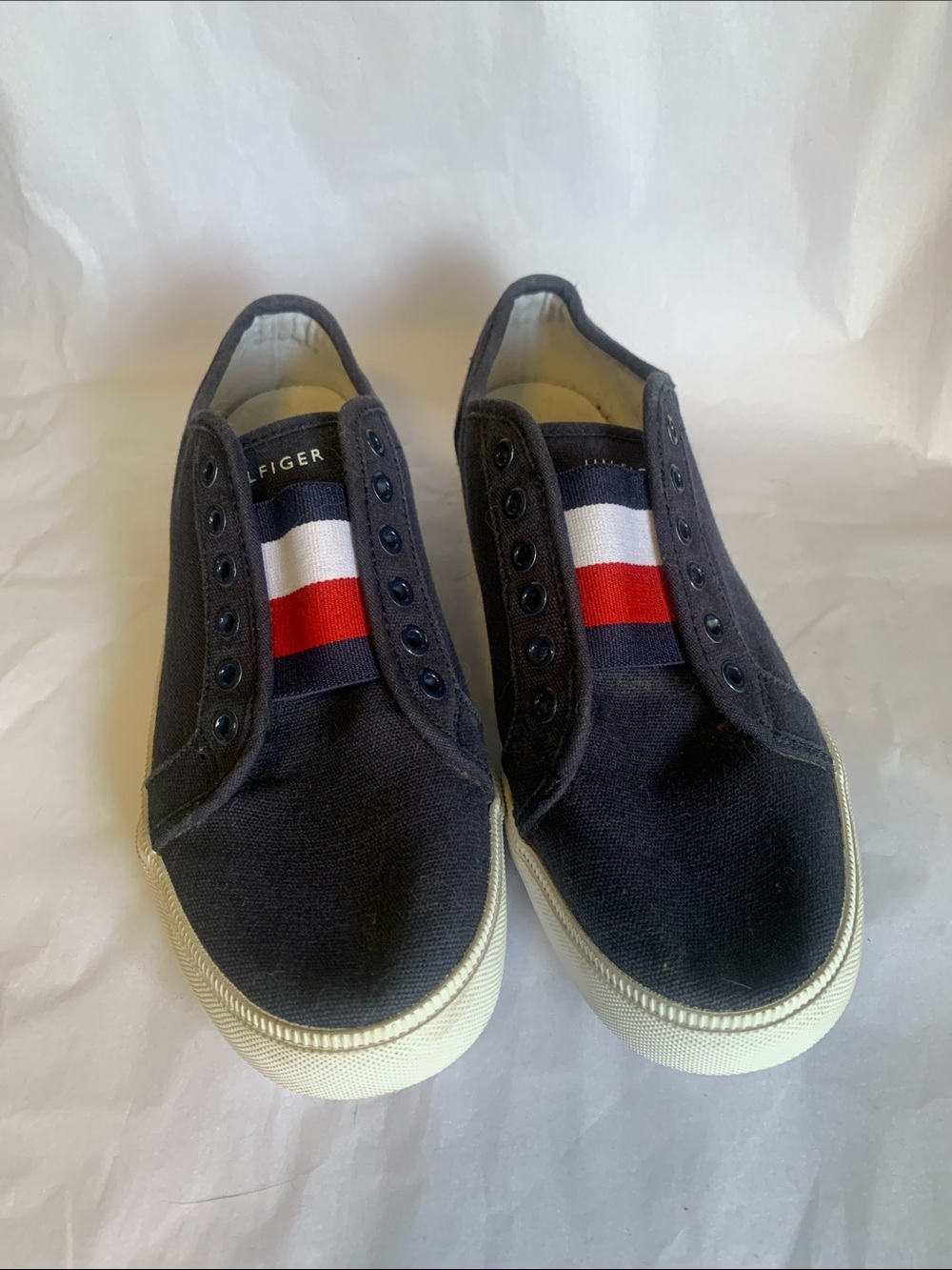 Tommy Hilfiger Navy Slip-On Canvas Sneakers with Signature Tricolor Band Size 8